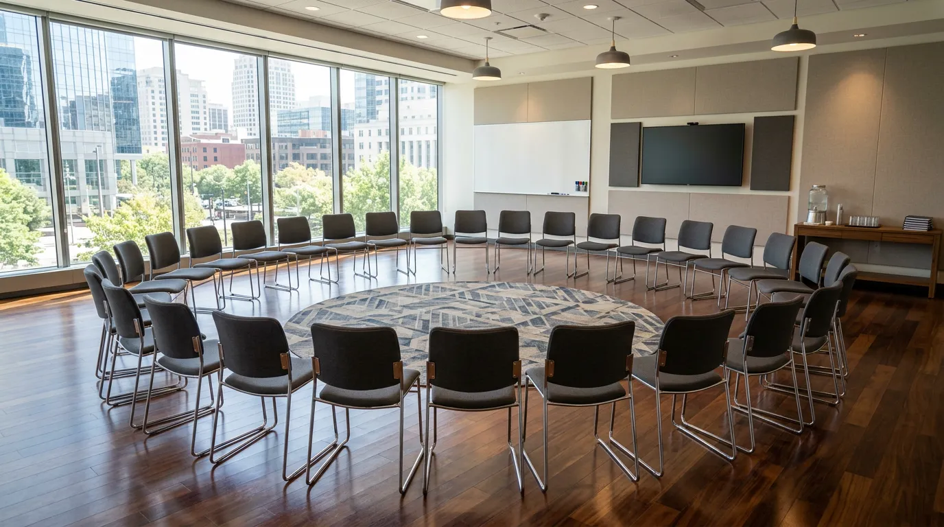 Meeting room with assembly chairs arranged in a circle, organizational gathering space, conference room setup
