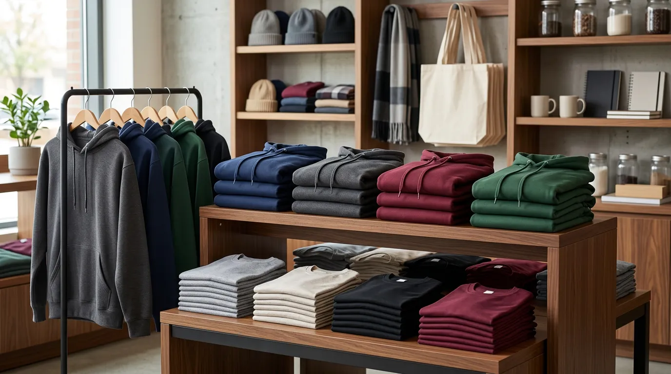 Display of university merchandise including hoodies and apparel neatly arranged, professional product photography setup, merchandising display